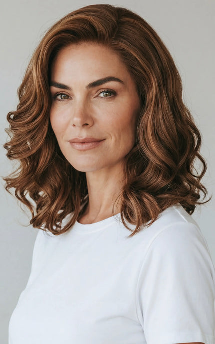 curled highlighted brunette hair with glueless lace front cap for women with hairloss, alopecia, chemotherapy.