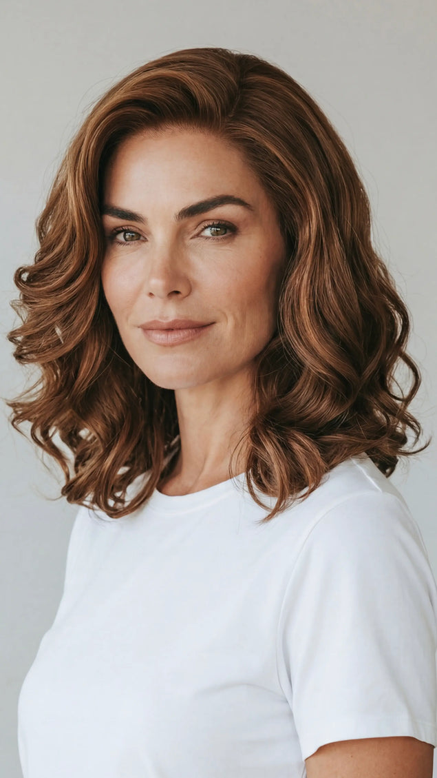 curled highlighted brunette hair with glueless lace front cap for women with hairloss, alopecia, chemotherapy.