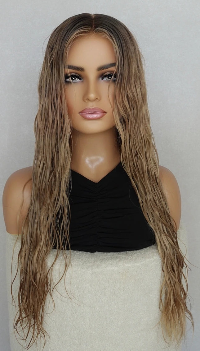 natural human hair lace front wig long length blonde ombre wavy hair.