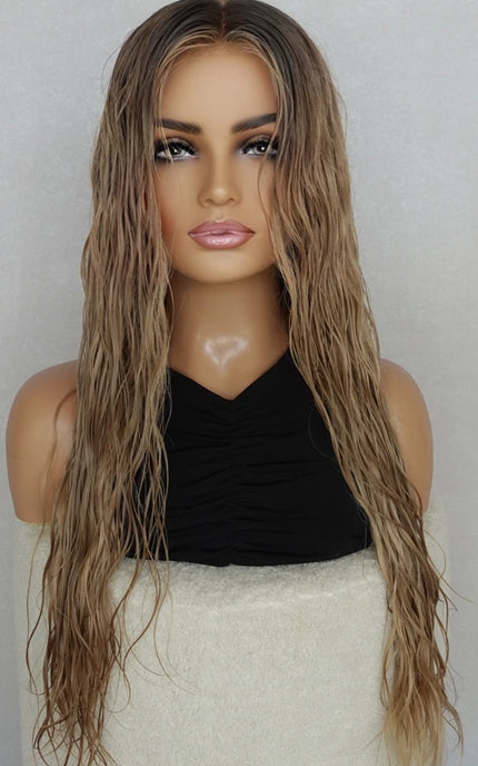 natural human hair lace front wig long length blonde ombre wavy hair.