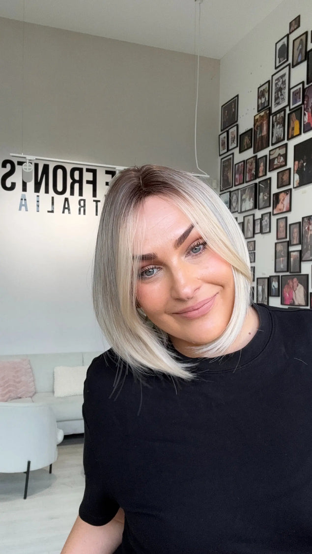 short blonde icy bob synthetic wig with glueless cap for easy everyday wear.