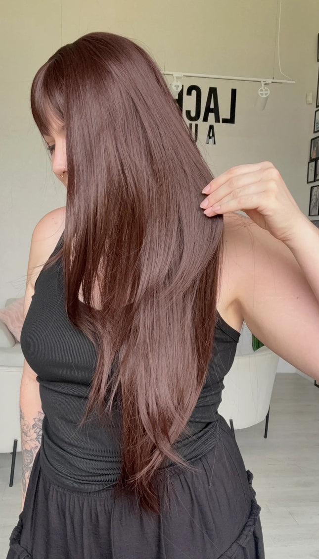 layered burgundy long length synthetic wig with heat safe hair, for hairloss, alopecia, chemotherapy.