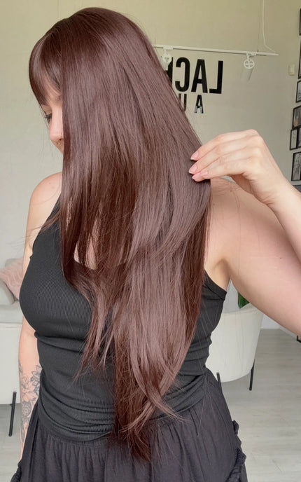 layered burgundy long length synthetic wig with heat safe hair, for hairloss, alopecia, chemotherapy.