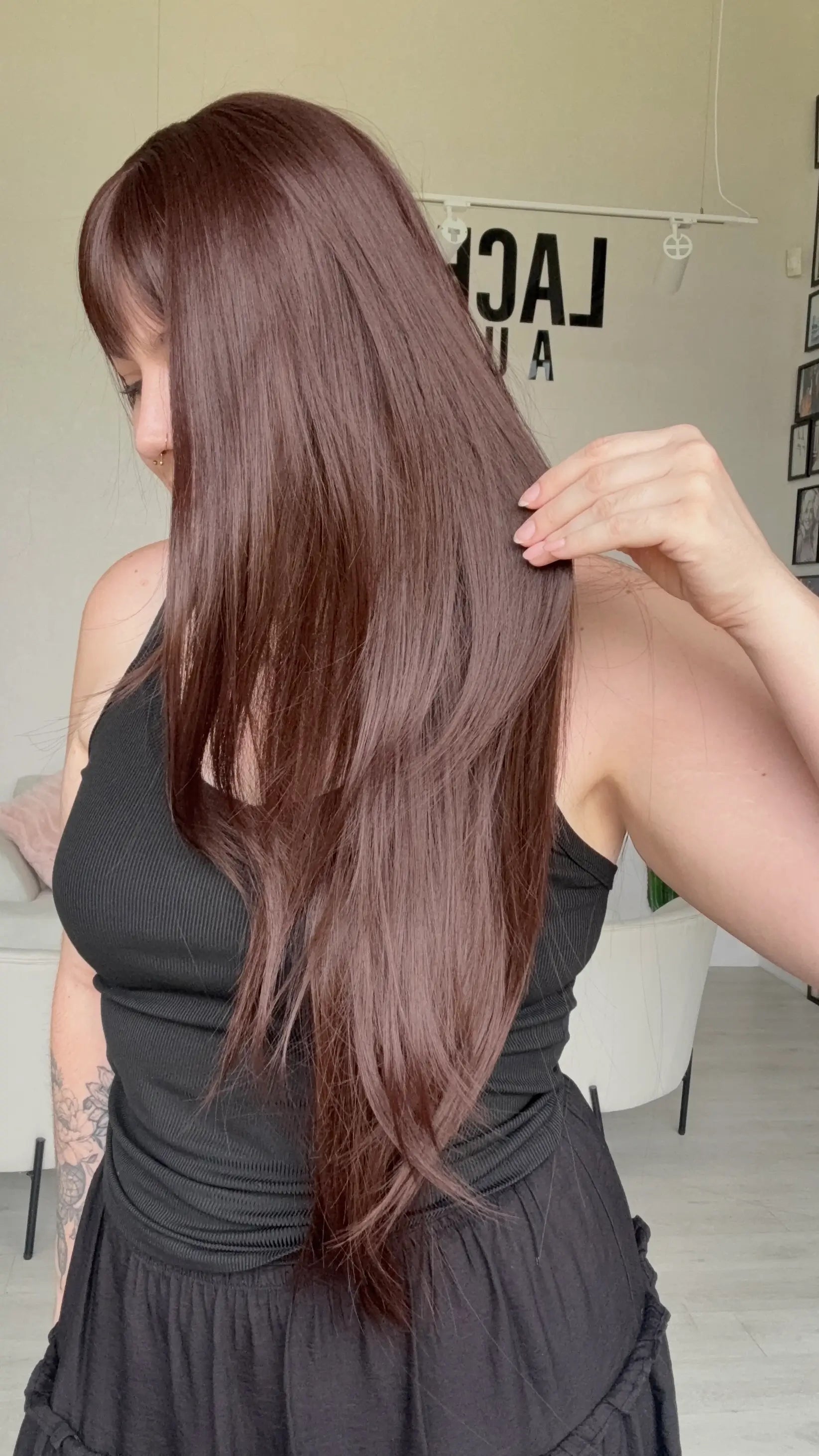 layered burgundy long length synthetic wig with heat safe hair, for hairloss, alopecia, chemotherapy.