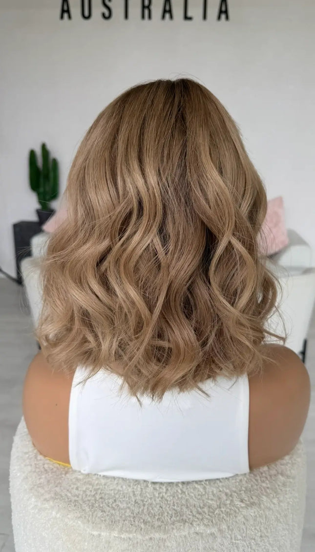 natural blonde ombre with face framing highlight, wavy hair styling 12 inch length , glueless medical wigs australia.