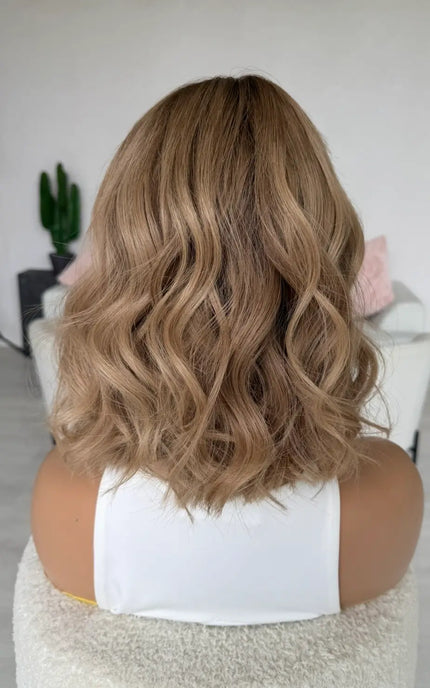 natural blonde ombre with face framing highlight, wavy hair styling 12 inch length , glueless medical wigs australia.