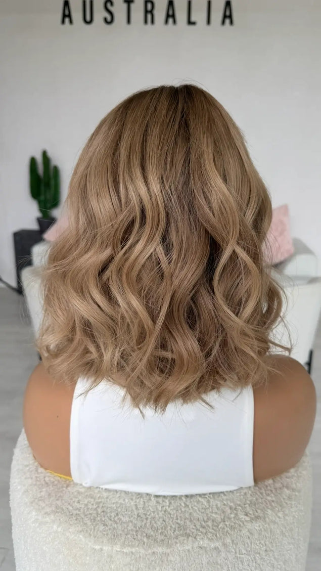 natural blonde ombre with face framing highlight, wavy hair styling 12 inch length , glueless medical wigs australia.