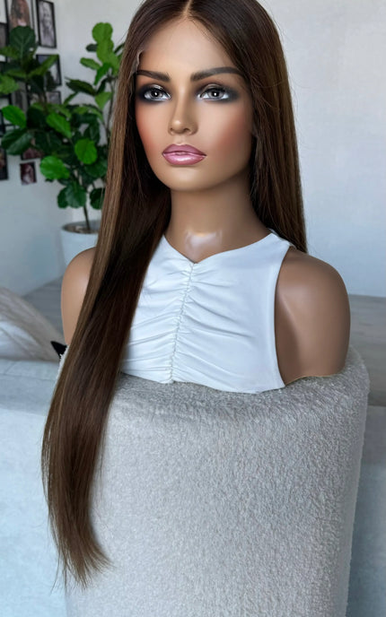 half hair back , half forward, long 28 inch hair 