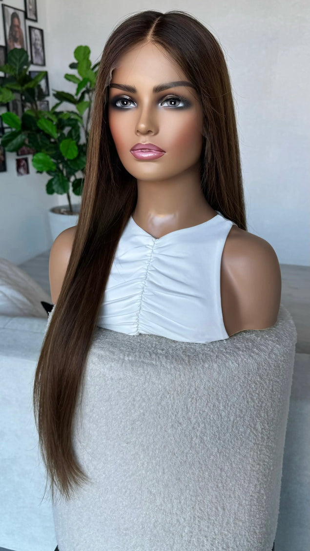 half hair back , half forward, long 28 inch hair 