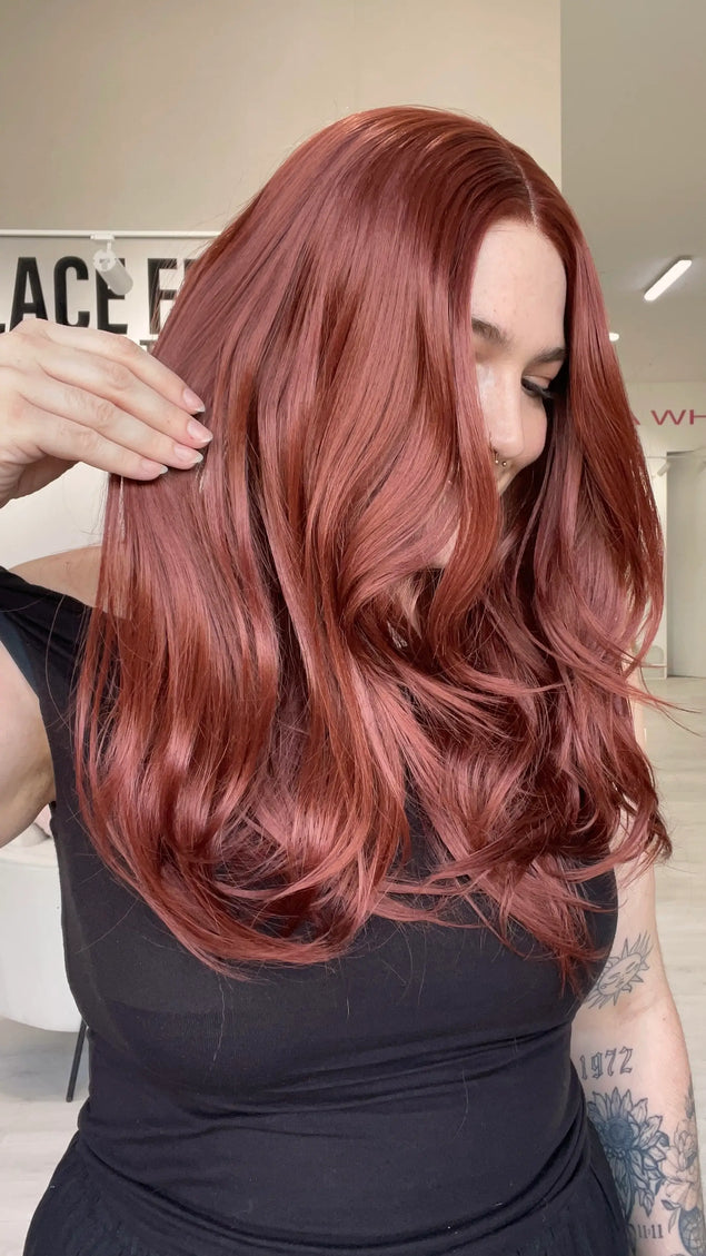 Australia heat safe red hair wig, layered red hair synthetic, glueless cap with changeable parting.