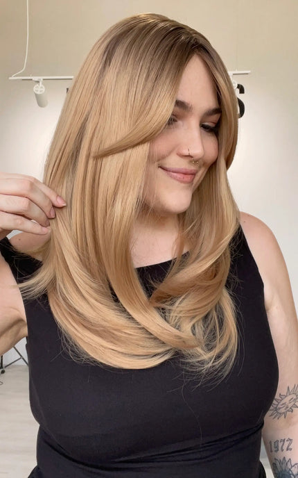 heat safe layered blonde ombre coloured synthetic wig for hairloss, alopecia, chemotherapy. Australia.