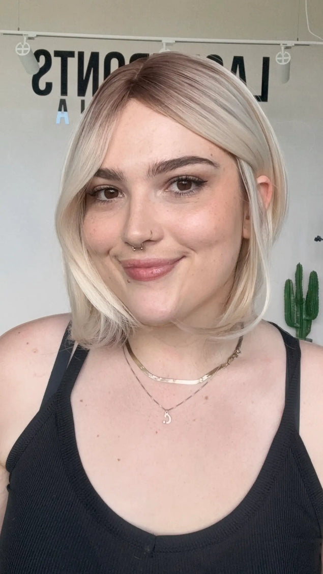 short blonde bob length natural glueless synthetic wig for hairloss, alopecia.