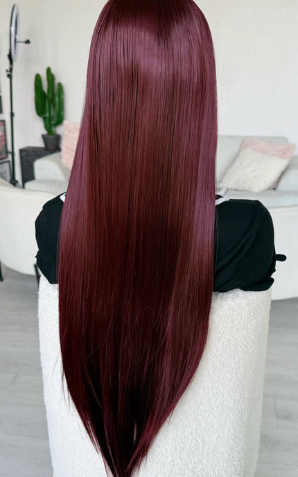 realistic lace front dark red wig for women.