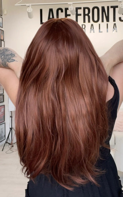 long length red hair synthetic wig for everyday wear. heat friendly fibres.