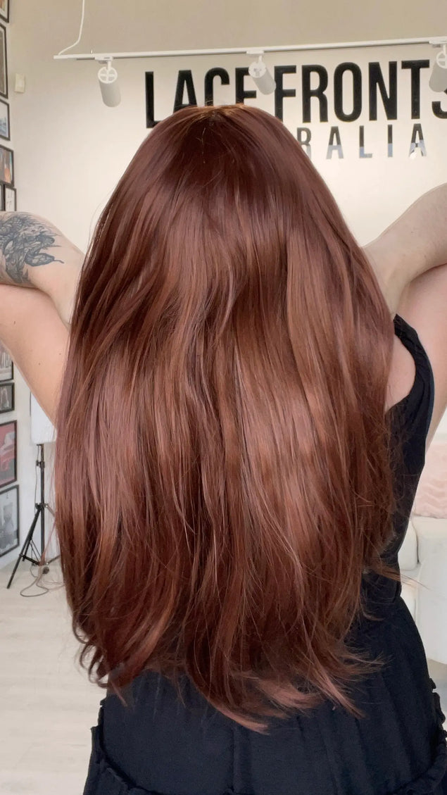 long length red hair synthetic wig for everyday wear. heat friendly fibres.