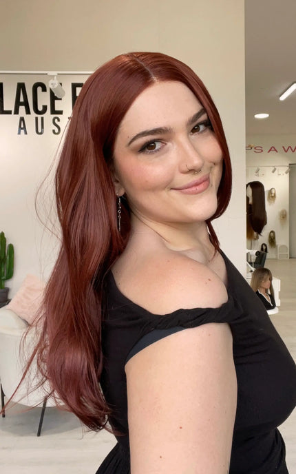 red hair layered lace front wig, changeable parting with glueless cap