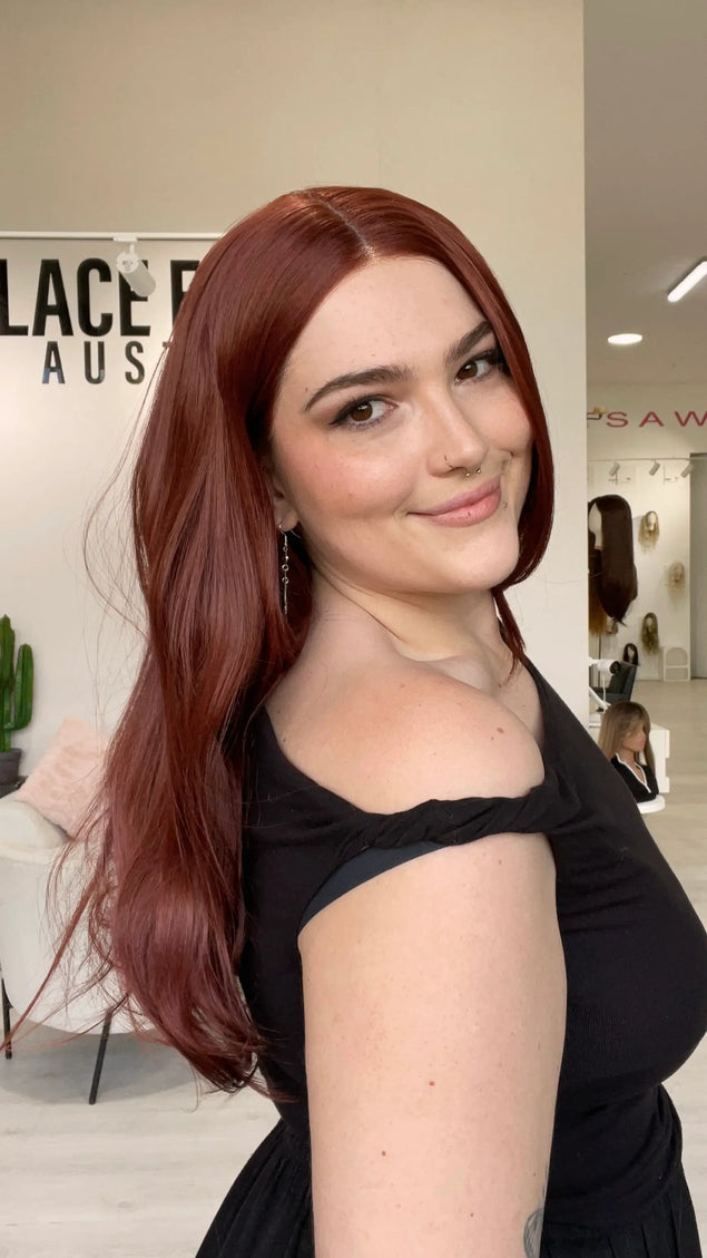 red hair layered lace front wig, changeable parting with glueless cap