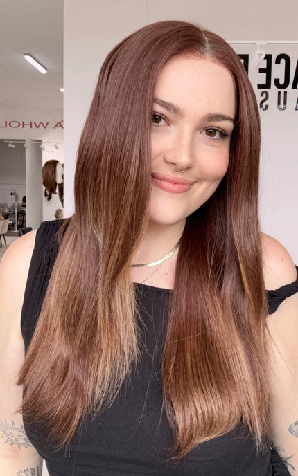 a sidfe view showing red copper straight hair with middle part and lace front, realistic hairline/ parting that can be changed. 