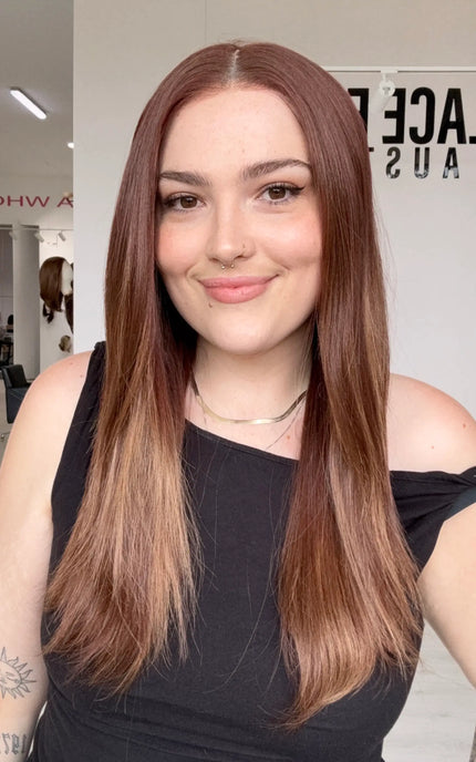 a straight hair, red copper colour with a middle part and lace front hairline for a realistic look. heat safe red copper hair for easy styling. a glueless wig cap/