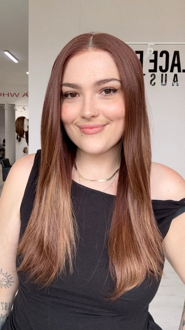 a straight hair, red copper colour with a middle part and lace front hairline for a realistic look. heat safe red copper hair for easy styling. a glueless wig cap/