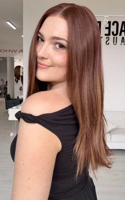 side/ back view showing straight red copper hair, easy to wear glueless synthetic wig for alopecia, hairloss.