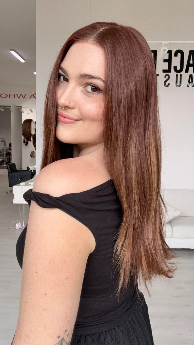side/ back view showing straight red copper hair, easy to wear glueless synthetic wig for alopecia, hairloss.