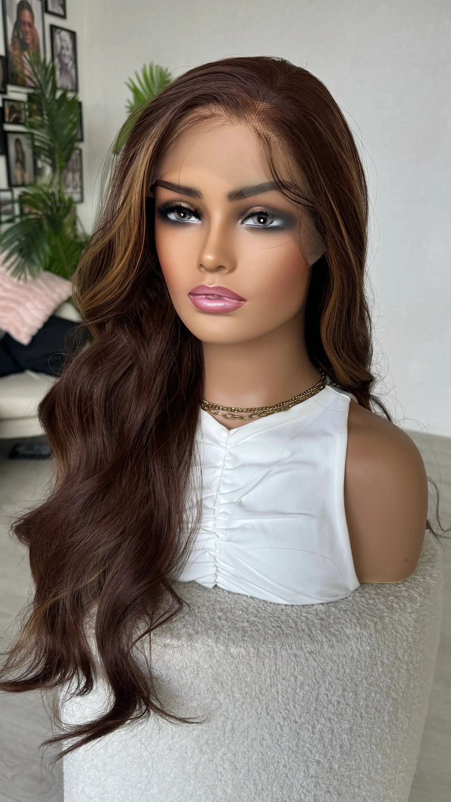 lacefront wig parted to the rfight, 28 inch length hair, red hair with highlights, heat safe synthetic australia.