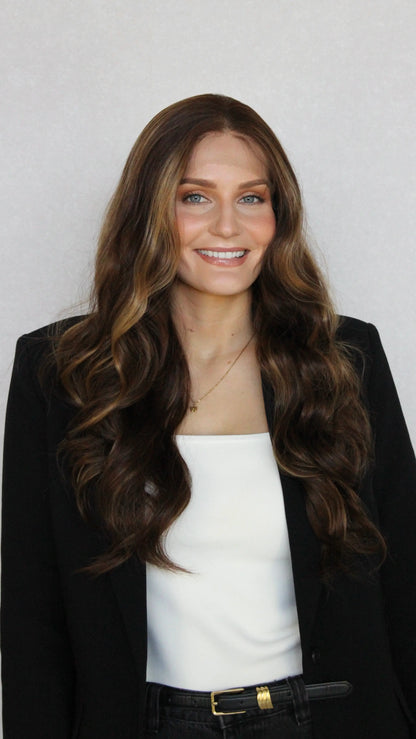 front view ruby synthetic, long curly hair, lacefront wig australia, heat safe synthetic hair.