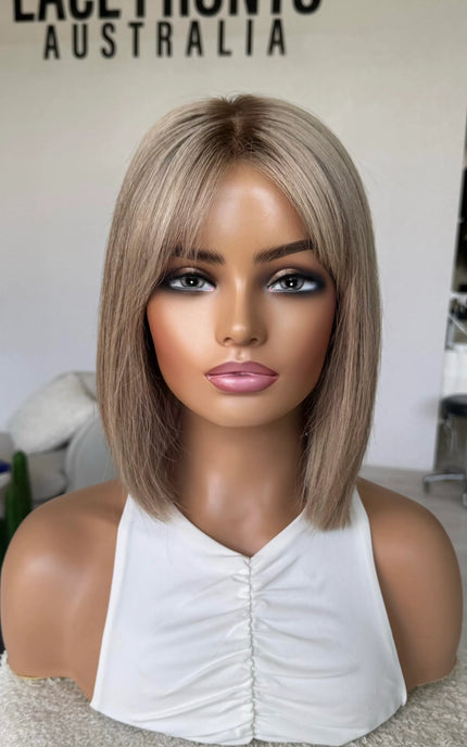 human hair lace wig, human hair, blonde, ash tones with dark root, sandy beige blonde hair wig. australia.