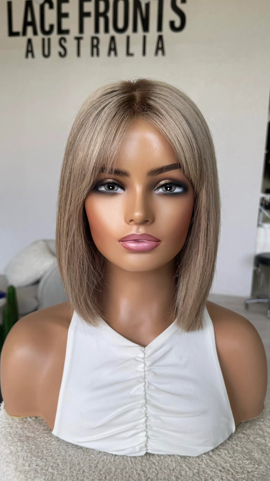 human hair lace wig, human hair, blonde, ash tones with dark root, sandy beige blonde hair wig. australia.
