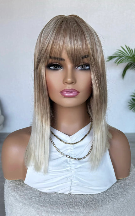 straight blonde hair fringe topper, glueless middle part.
