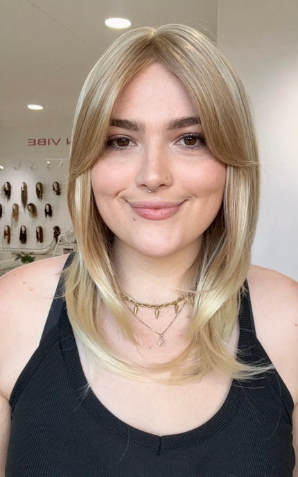 heat safe sandy blonde layered synthetic wig with middle part, glueless cap, ready to wear wigs, gold coast australlia.