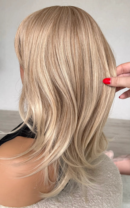 sandy blonde topper side on view, layered blonde hair topper, gold coast, australia.