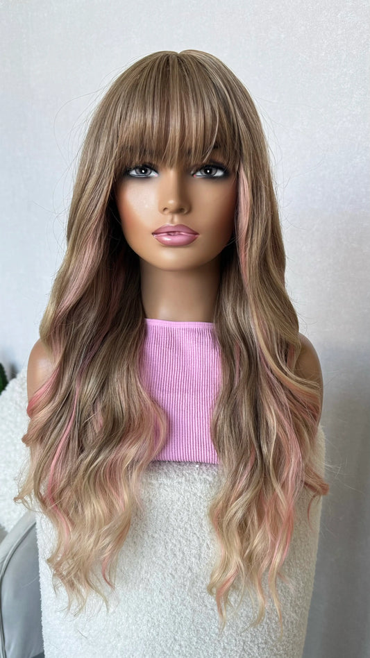 sandy blonde with pink highlights fringe synthetic wig.