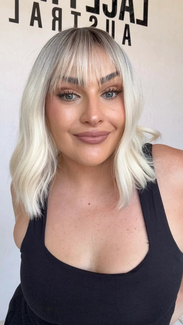 platinum blonde with dark root, fringe wavy bob wig, synthetic wig australia heat safe.