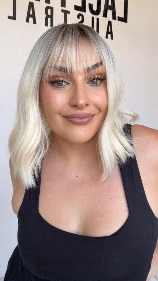 platinum blonde with dark root, fringe wavy bob wig, synthetic wig australia heat safe.