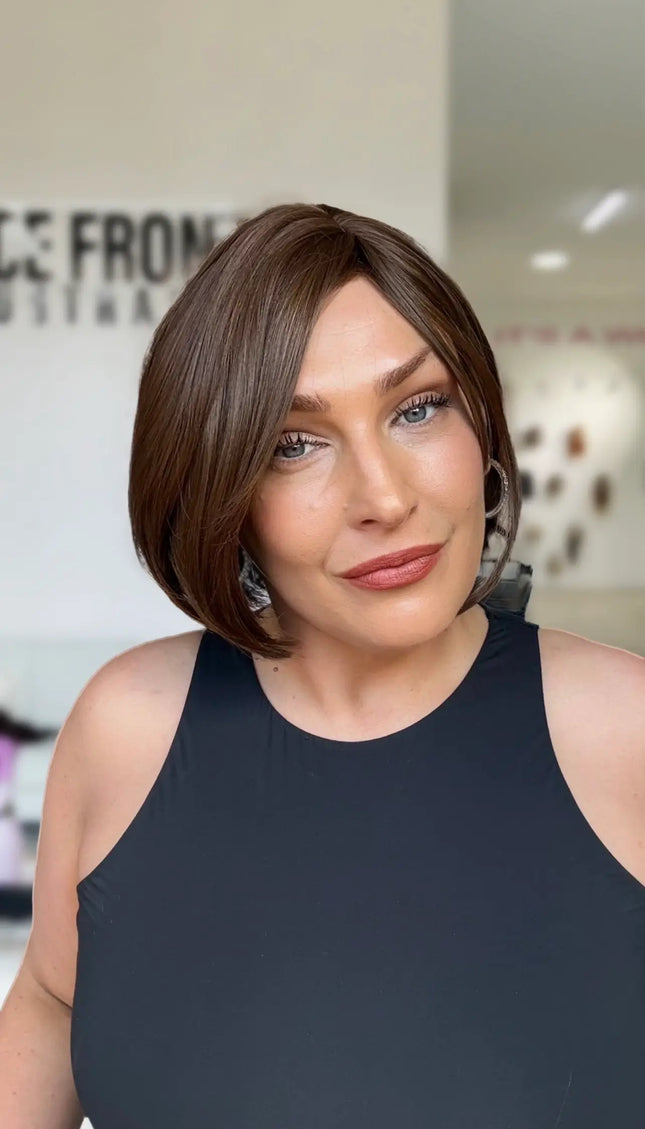 short bob chocolate brunette wig with glueless cap, easy for summer heat.