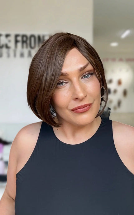 short bob chocolate brunette wig with glueless cap, easy for summer heat.