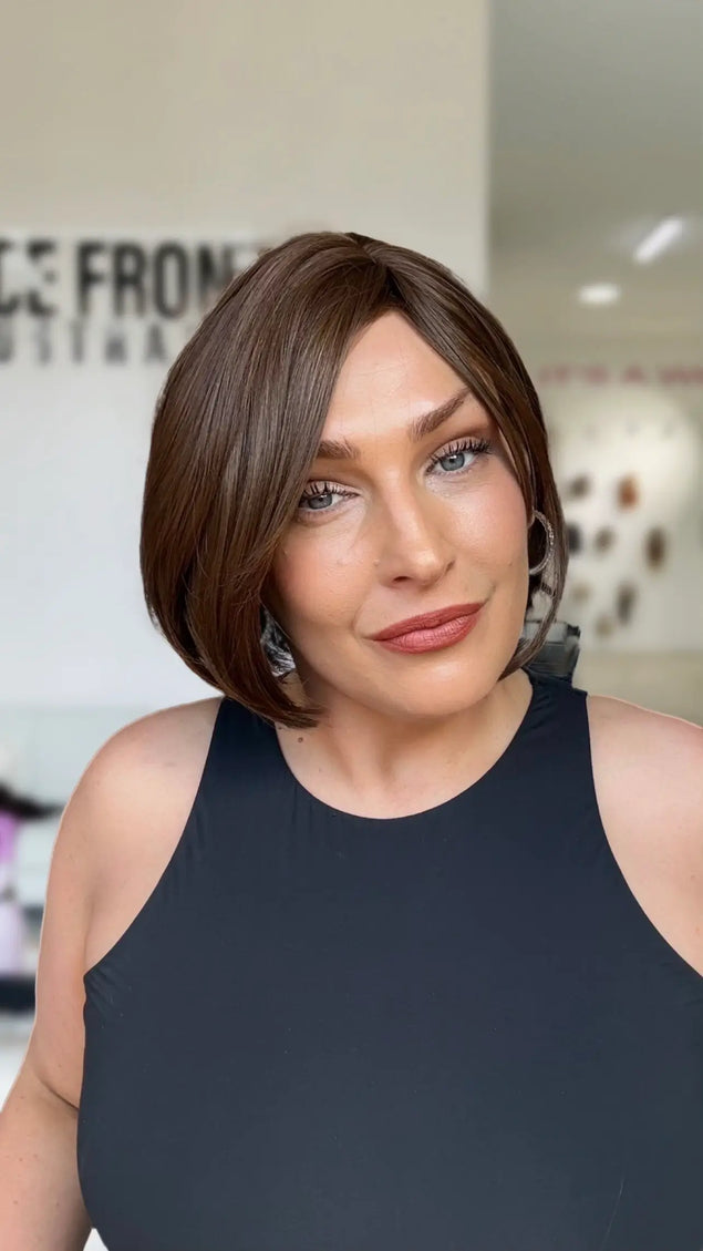 short bob chocolate brunette wig with glueless cap, easy for summer heat.