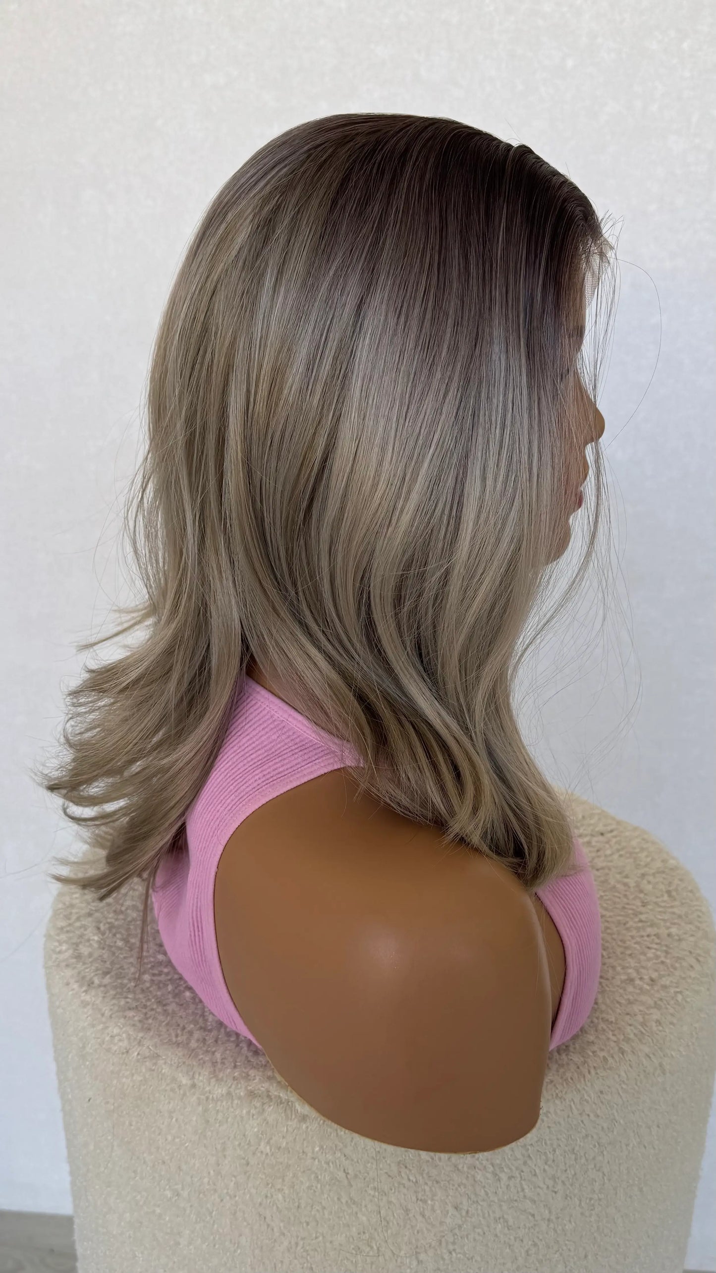 lacefront wig australia, ash blonde with dark root, glueless heat safe wig australia.