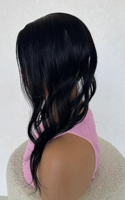 side on view 20 inch black hair, 100% human hair topper, australia.
