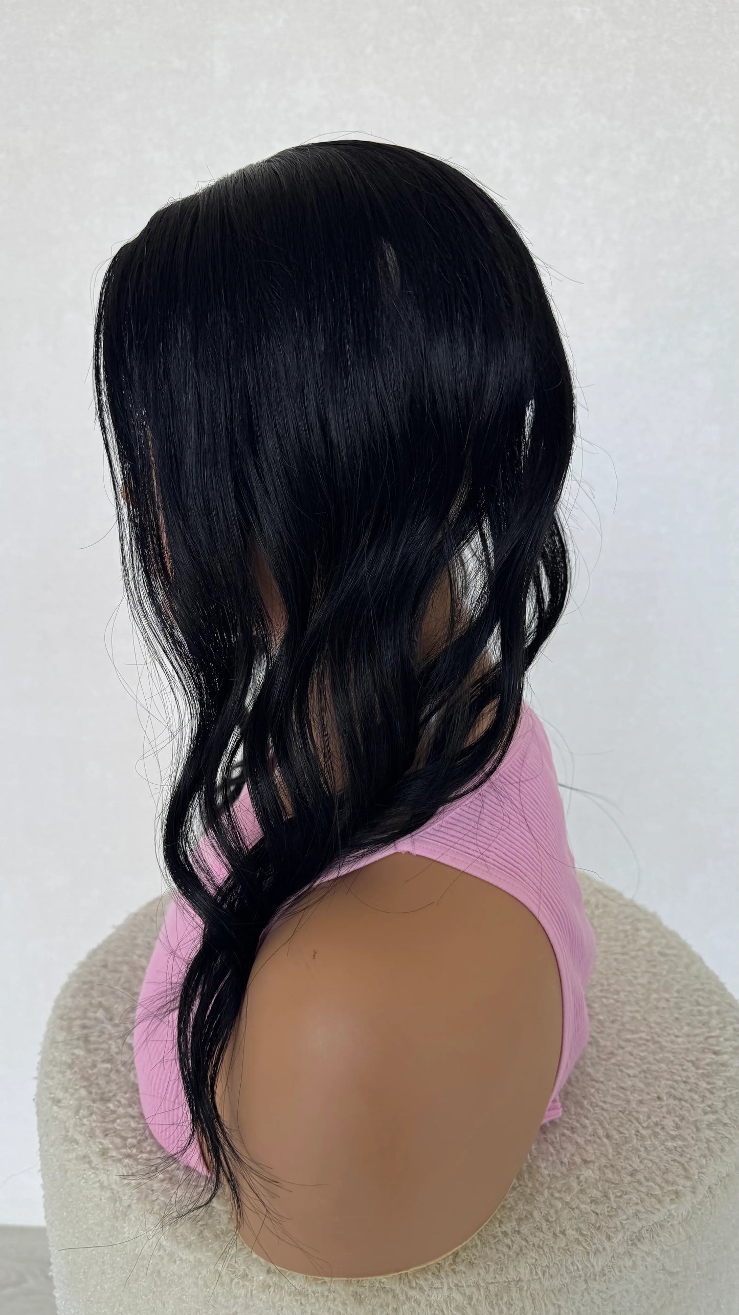 side on view 20 inch black hair, 100% human hair topper, australia.