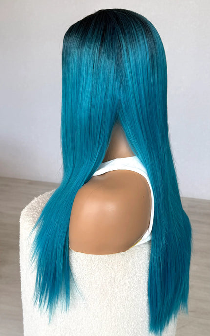heat safe synthetic hair wig, side on view.