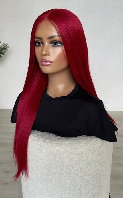 side view, half hair back. red lacefront synthetic wig, full lacefront wig.