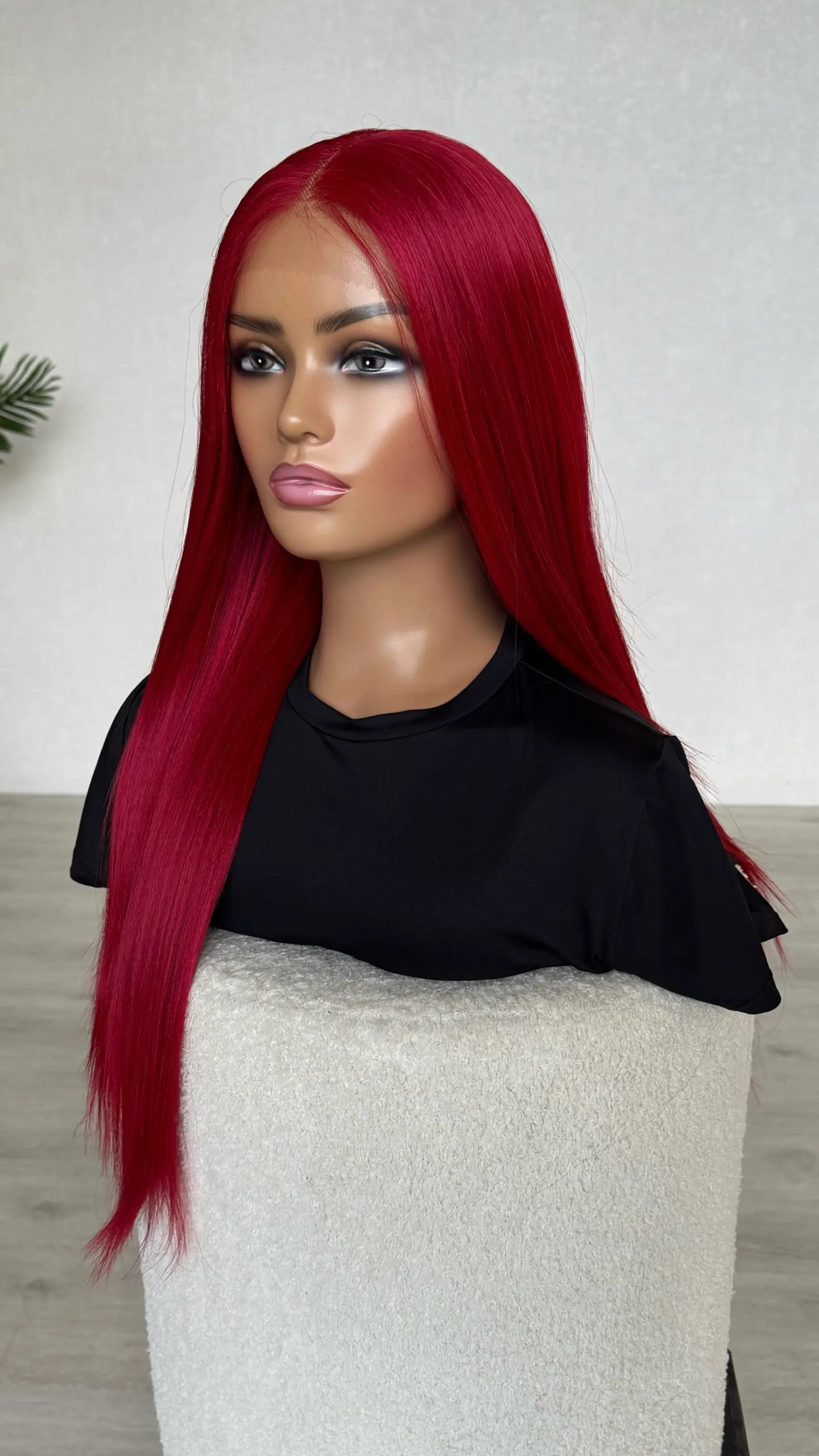 side view, half hair back. red lacefront synthetic wig, full lacefront wig.