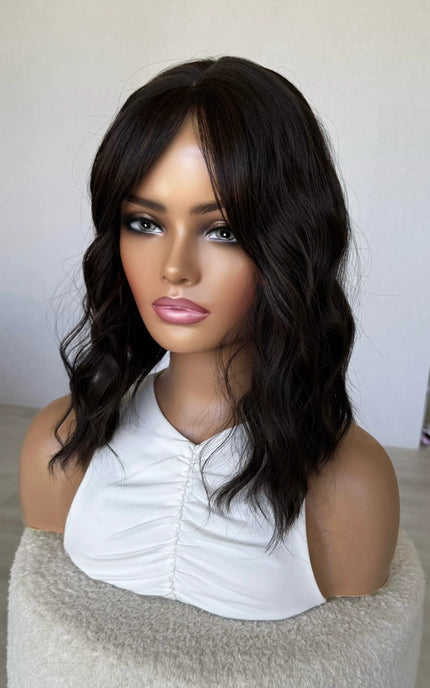 wavy dark brunette hair middle part, fringe parted to the side, heat safe.