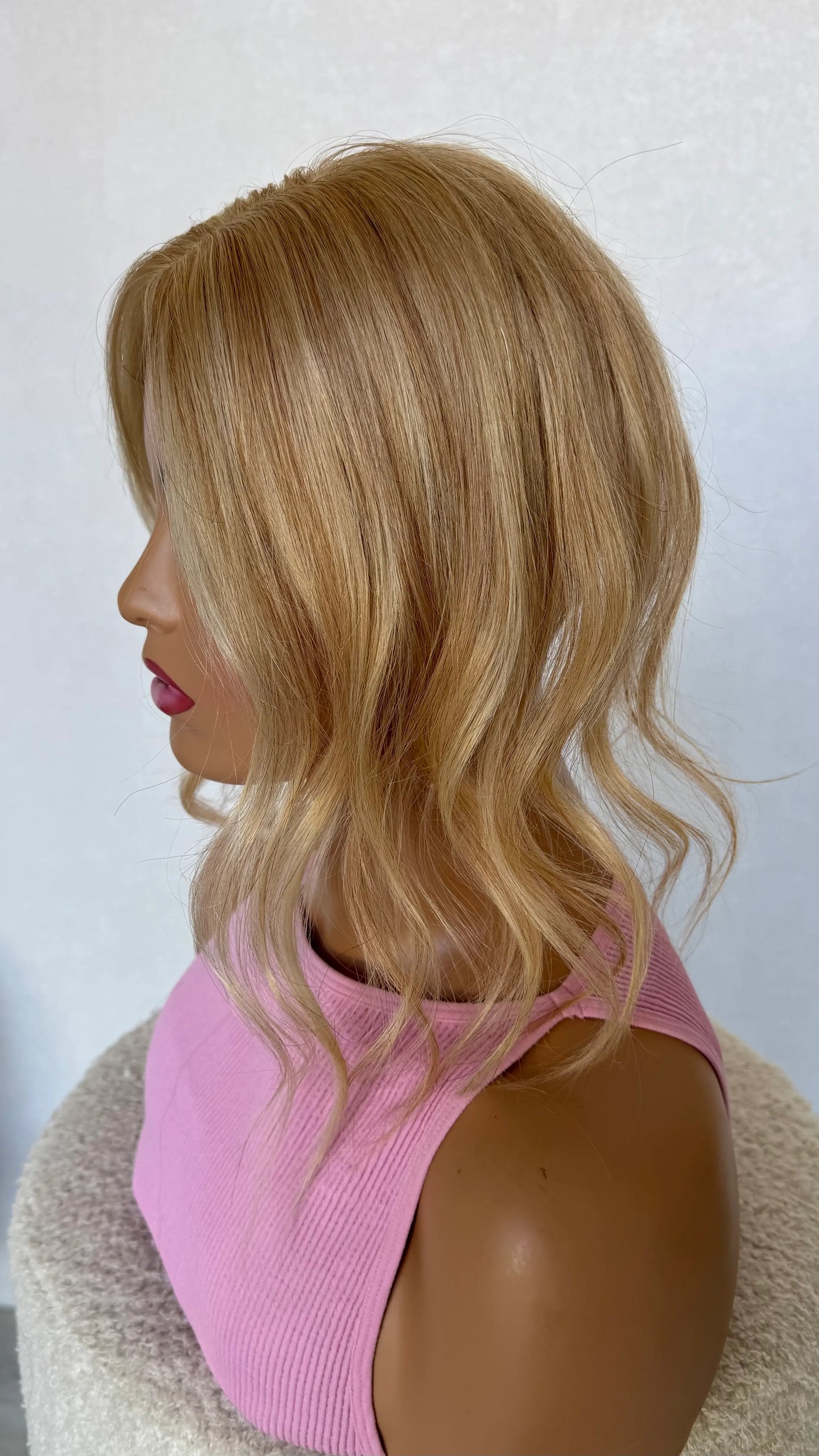 side on view multi dimensional blonde warm toned, 16 inch 4x3 inch base