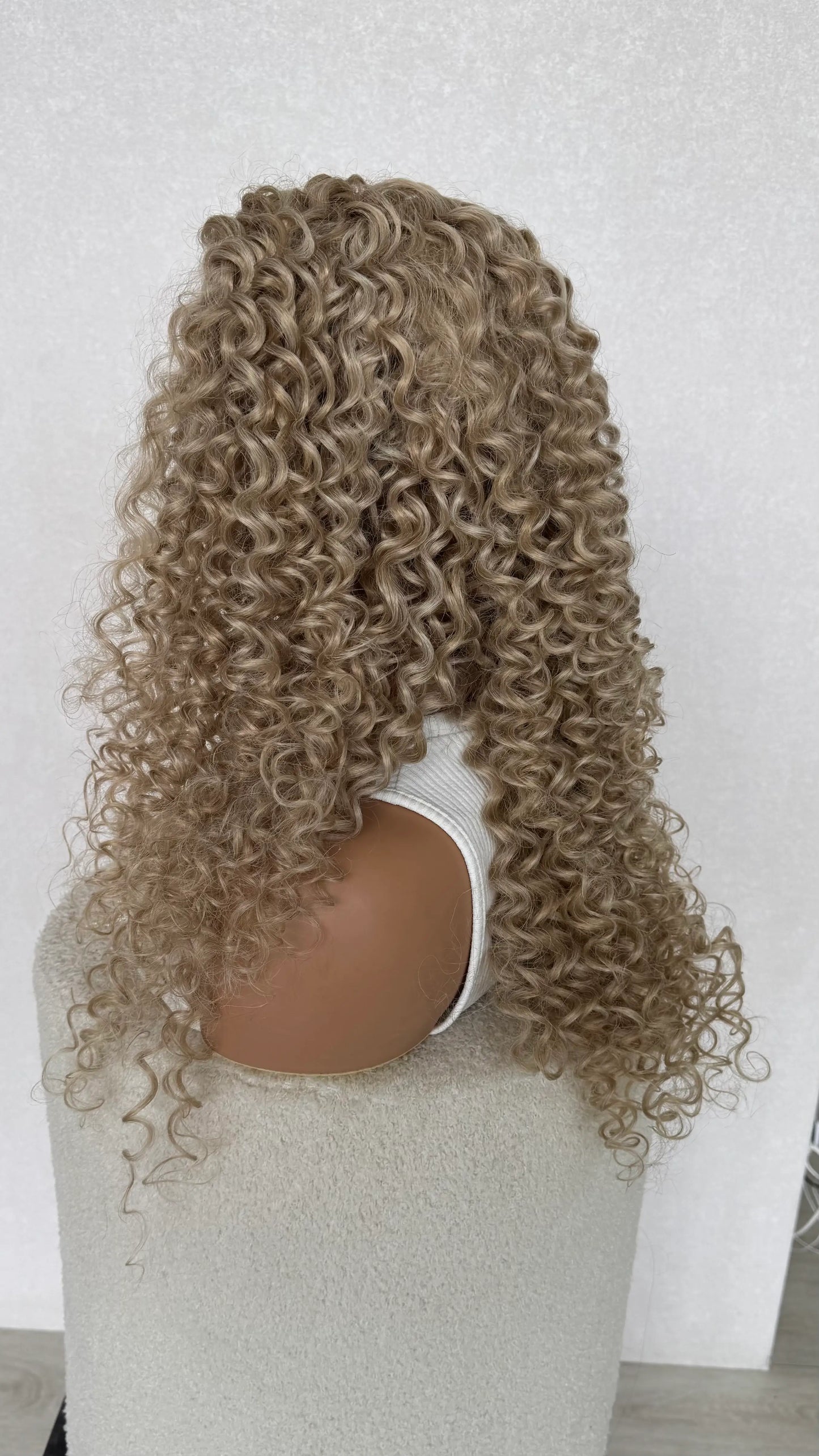 long curly blonde hair lacefront t-part wig, heat safe hair.