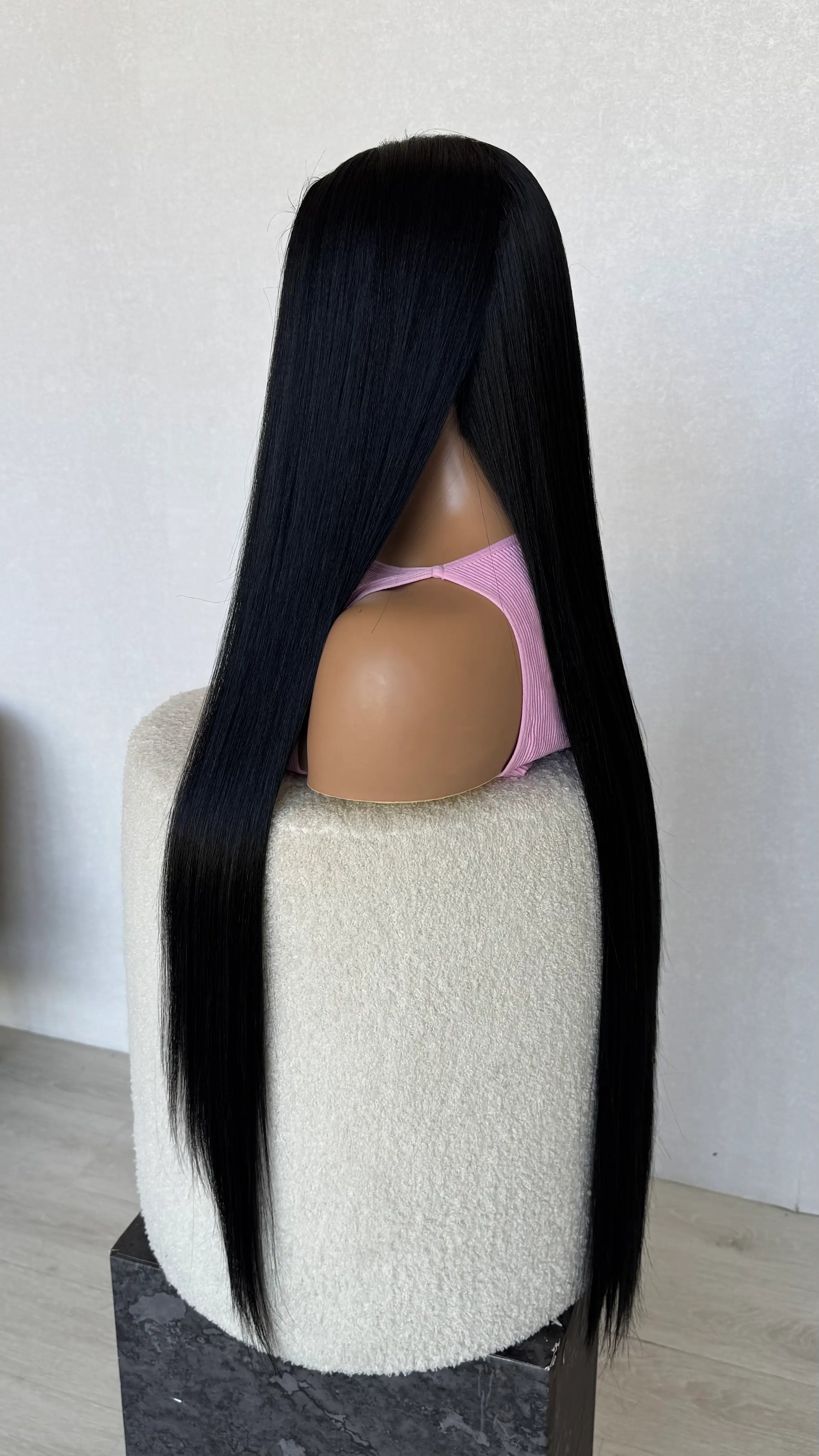 long black hair wig side on view, 28-30 inch length hair, half hair back, half forward.