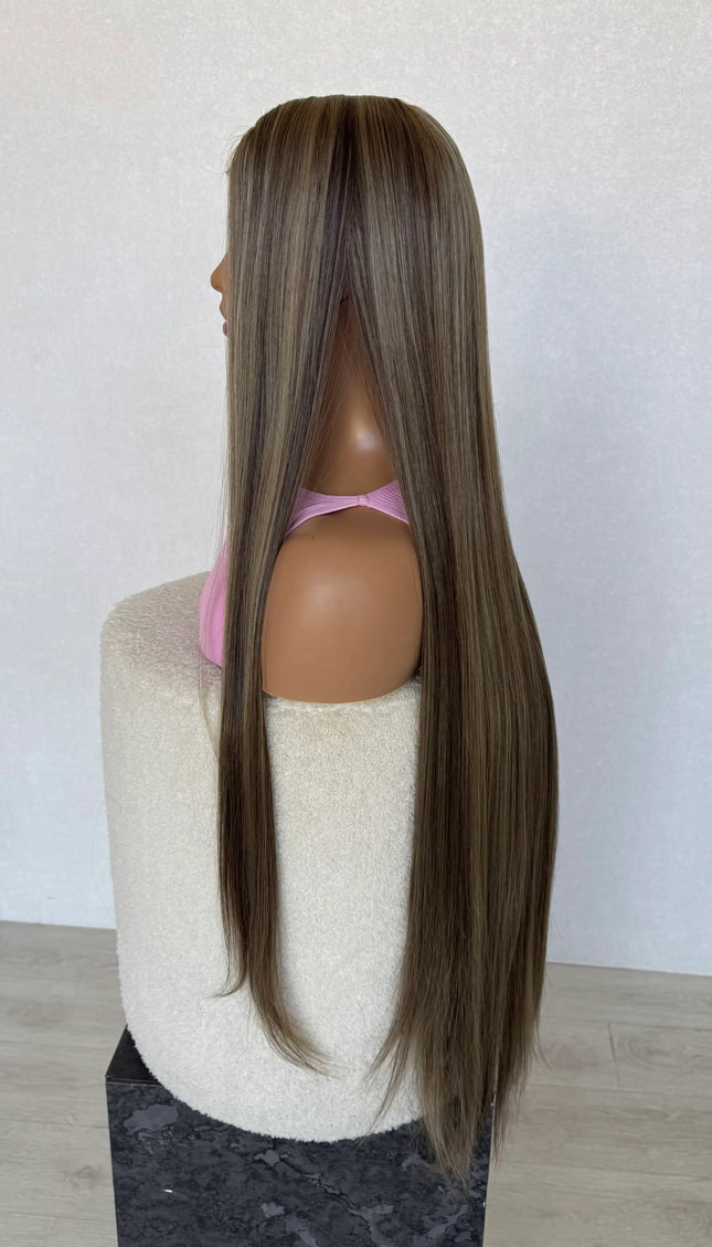 mushroom brown hair long length side on view, heat safe synthetic hair australia, long length  28-30 inch hair length.